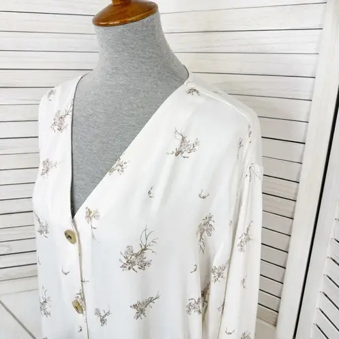 Something Navy  Floral Exaggerated Cuff Button Front Shirt Ivory Tan Large