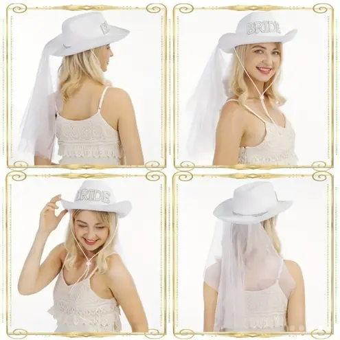 White Bride Cowgirl Hat Veil Bachelorette Party Bridal Wedding