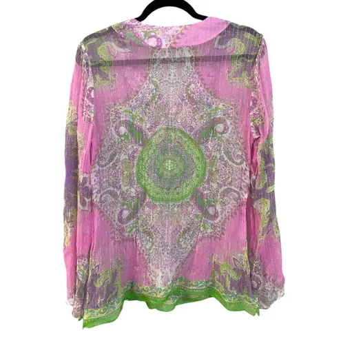 ECI New York Y2K Silk Sheer Paisley Print Long Sleeve Top Pink Green Size 12