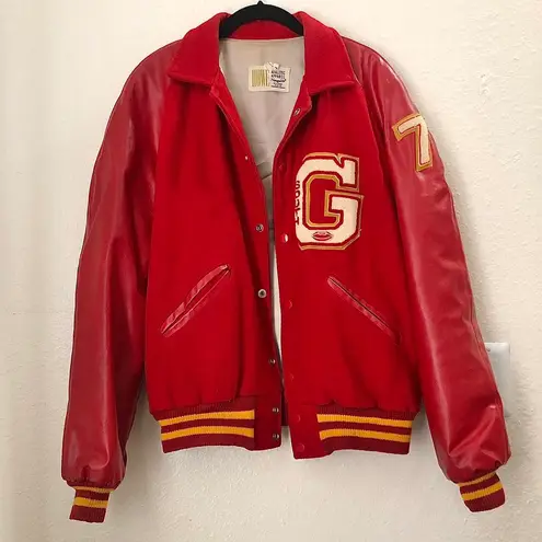 1970s Vintage Leather Red gold varsity bomber South G football jacket streetwear Size L