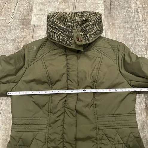 prAna Olive Green Quilted Winter Coat Knit Collar Women's Size Large Zip Buttons
