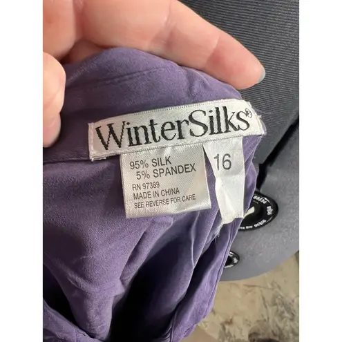 winter silks blouse button front silk purple long sleeve hidden button front Size 16