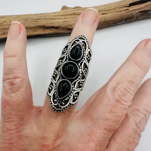 Black Onyx Sterling Silver Plated Ring Size 7 Black