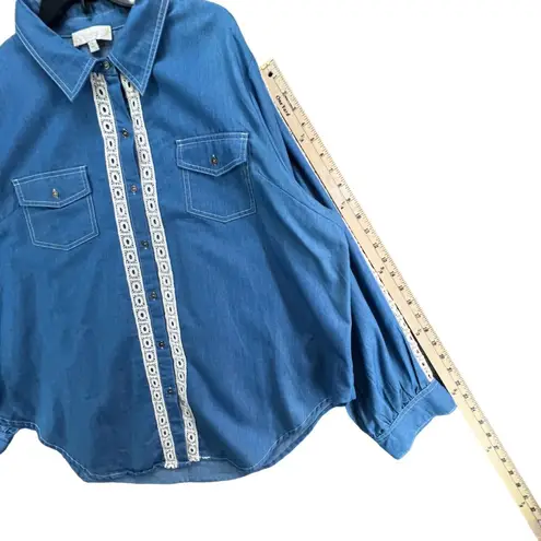 Suzanne Betro Weekend Shirt 3XL Blue Denim Crochet Lace Western Cottage Top