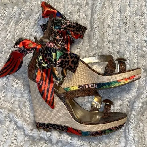 NWT Carlos Falchi Cruz Multi Animal Print Ribbon Wedges Size 9.5 Brown