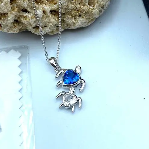 Sterling Silver Mom and Baby Turtle CZ Heart Necklace Silver