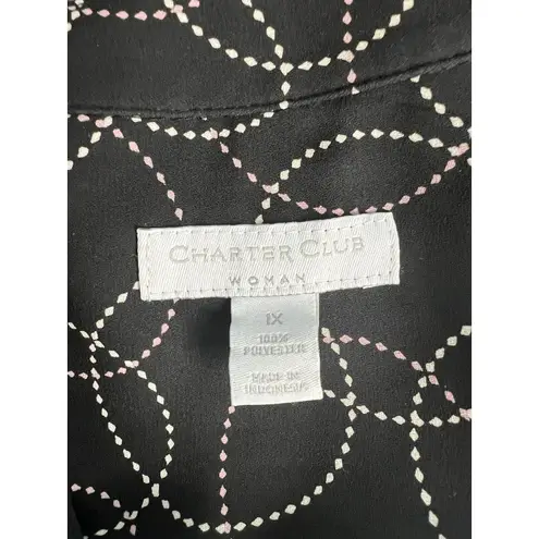 Charter Club Blouse Plus Size 1X Black Multicolored Geometric Button Long Sleeve
