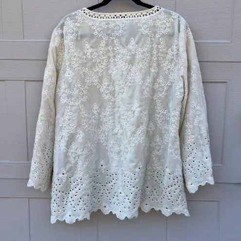 John Mark Velvet Eyelet Embroidered Flare 3/4 Sleeve Tunic Top Ivory White XL