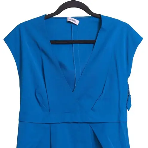 Moschino Womens A Line Dress Blue Pockets V Neck Cap Sleeve Pleated Side Zip S