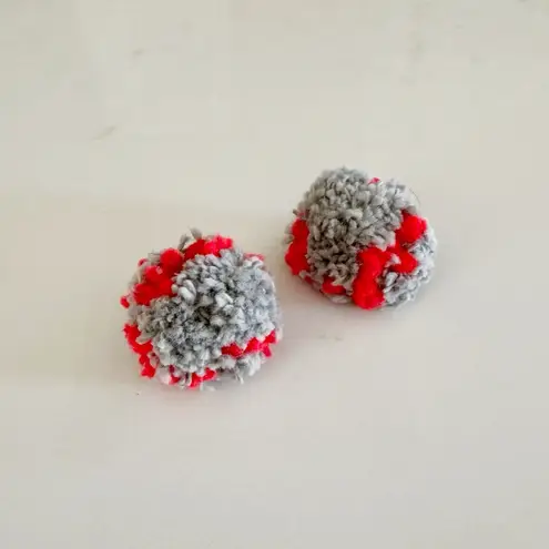 Handmade Cozy Gray & Red Pom Pom Boho Chunky Knit Yarn Earrings, Stud Post Back