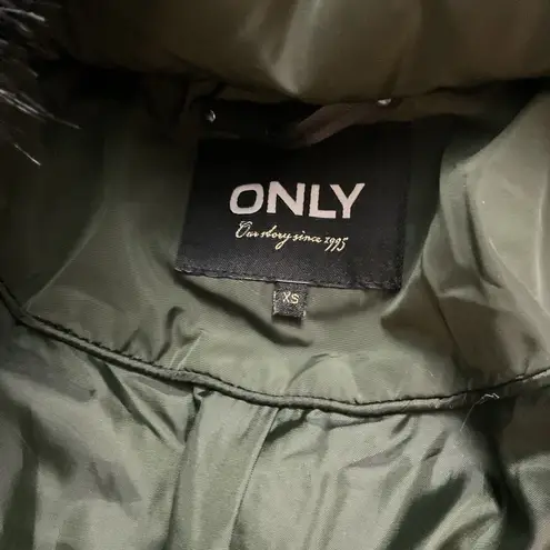 Only Olluna Quilted Dark Green Coat Long Hooded Faux Fur Size XS