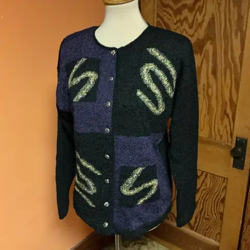 Vtg 90s South Cotton Hand Loomed Op art Cardigan Purple Size M
