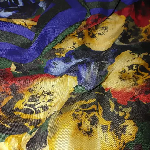 Vintage Floral Silk Square Scarf Flowers Roses Bold Red Yellow Blue Green Design