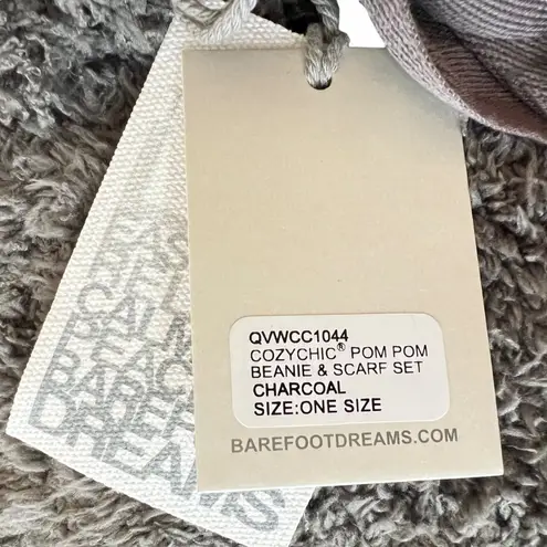 Barefoot Dreams CozyChic Pom Pom Beanie Scarf Set Charcoal One Size NWT