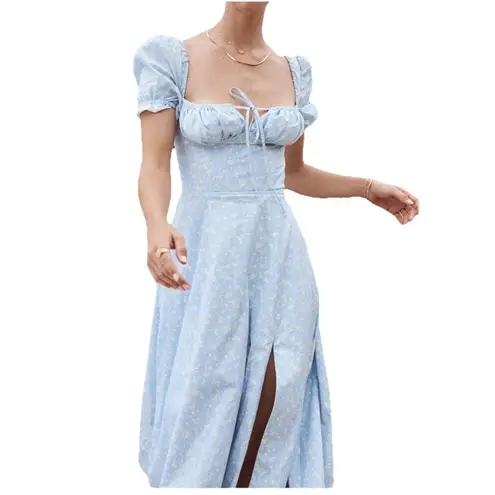 Milkmaid Dress Tallulah Blue White Floral Midi Sz M Cottagecore Peasant Kutumai Size M