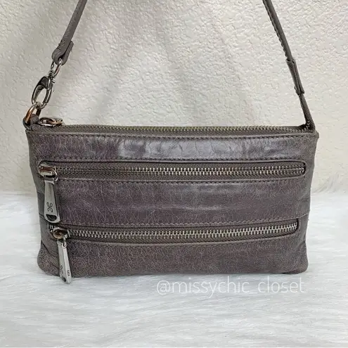 Hobo The Original Leather Zipper Baguette Mini Bag Clutch Purse Gray
