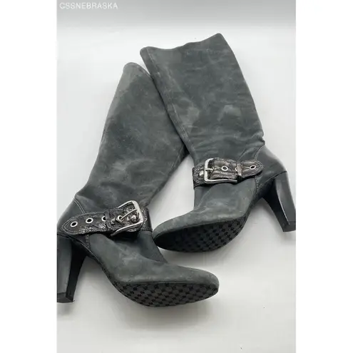 Antonio Melani ‎ Gray Suede Boots Heels Grey Buckle Zip Shoes Vintage - Size 6.5