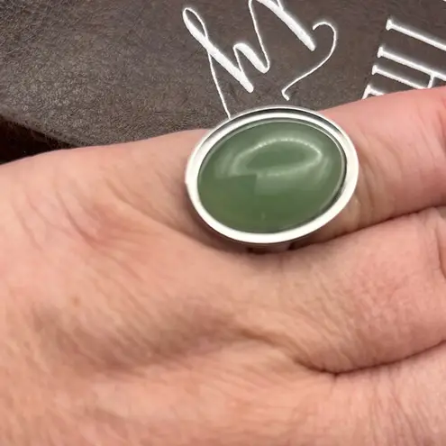 Handmade Green Jade Oval Adjustable Ring Stainless Steel Boho Jewelry