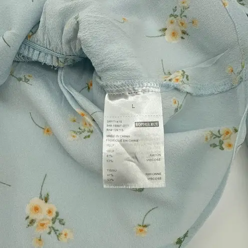 Sophie Rue Floral Long Sleeve Top Smocked Ruffle Tie Light Blue Large Peasant