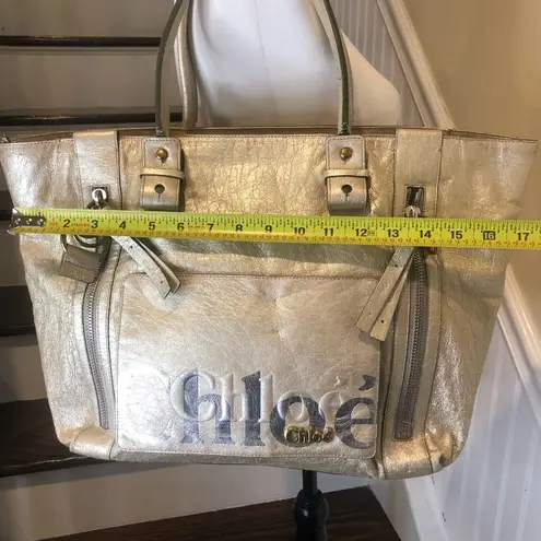 Chloé CHLOE Eclipse Oversized Ivory Silver Gold Tote Shoulder Bag Exterior Zip Pockets