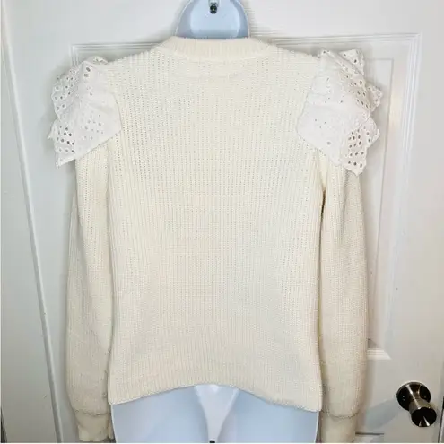 LILLA P Eyelet Ruffle Shoulder Trimmed Crew Neck Ribbed Sweater White Size L Size L
