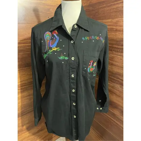 Quacker Factory Vintage 90’s Black Long Sleeve Button Down Shirt Embroidered Roo