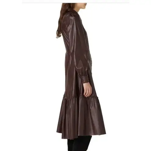 Nicholas Dress Womens 6 Brown Larisa Faux Leather Midi Button Front Ruffle Hem