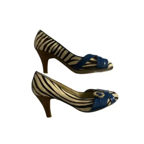 Circus by Sam Edelman Retro Pinup Y2K Zebra Print Heels Naughty Monkey Blue Buckle Detail Size 8