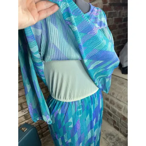 dress blouson floral vintage 1980s micro pleat top purple aqua Size M