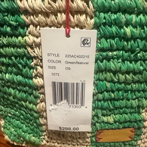 FRANCES VALENTINE Alfie French Straw & Leather Tote, Green Stripe, NWT