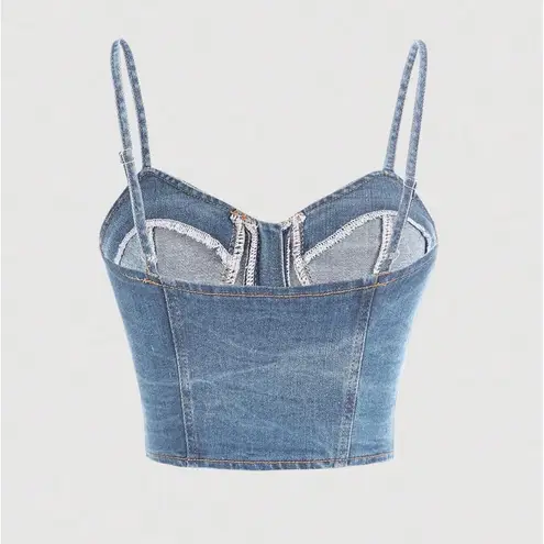 NWT Denim Bustier Crop Top – Zip Front Spaghetti Strap Jean Cami Tank – XS Blue