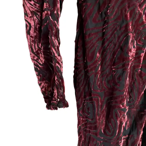 Ronny Kobo Wine Red Ruched Burnout Velvet Long Sleeve Midi Cocktail Dress 4