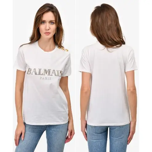 Balmain Logo Short Sleeve T-Shirt With Gold Buttons White Women's Size XXS