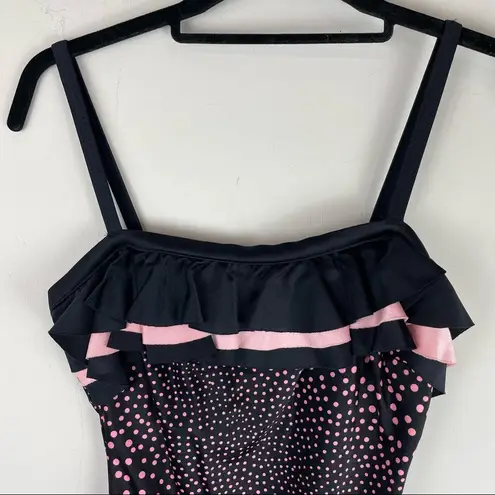 NWT Vintage Robby Len Y2K Polka Dot Ruffle One Piece Swimsuit Sz 14 Pin Up Style Black