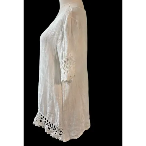 LUNGO LARNO Top Womens M 100% Linen Crochet Trim White Boho Peasant Cottage Core Size M