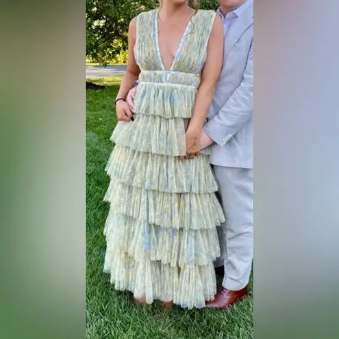 Hutch NEW Plunge V Neck Tiered Tulle Sky Floral Gown Dress sz 14