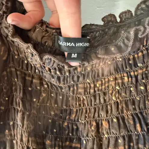 Karma Highway Brown Peasant Top Gold Dot Sheer Smocked Square Neck Medium