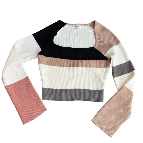 Lane 201 Size M Square Neck Ribbed Knit Sweater Crop Neutral Wide Stripe Fall
