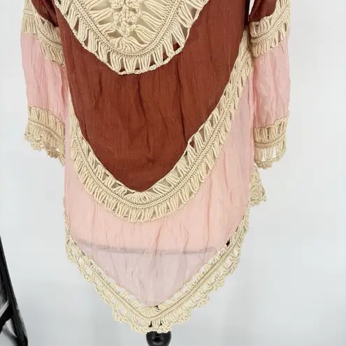 GORGEOUS M/L Brown/Pink Ivory Crochet Beach Pool Cover Up Hi Lo Hem Boho Hippie Pink Size M