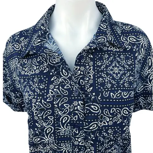 Daisy Street Blue Bandana Scarf Paisley Button Up Short Sleeve Shirt Top Sz 6