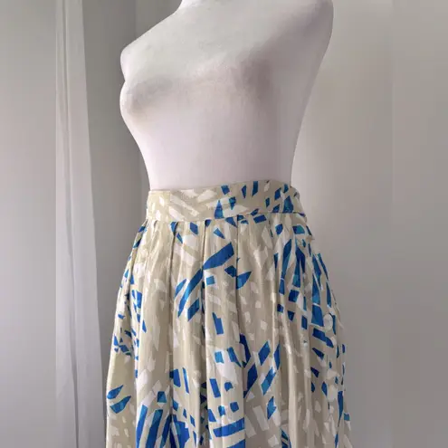 Vintage ‘90s Melrose Blue, White & Tan Abstract Print Midi Skirt Blue