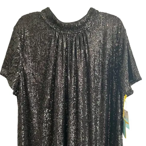 CeCe Black Sequin Cocktail Shift Dress Satin Tie Neck Short Sleeve NEW Size 2X
