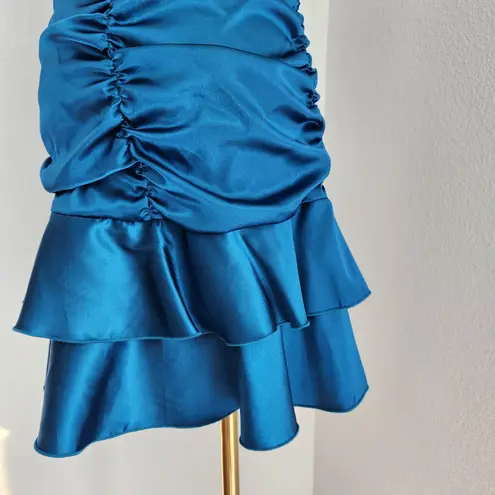 Jessica McClintock Y2K Teal Satin Halter Ruffle Drop Waist Mini Homecoming Dress