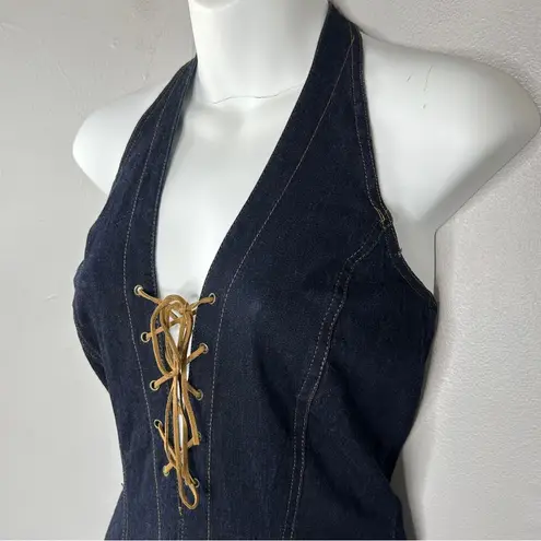 Cello  Authentic Jeans USA Vintage Halter Lace Up Flare Denim Jumpsuit