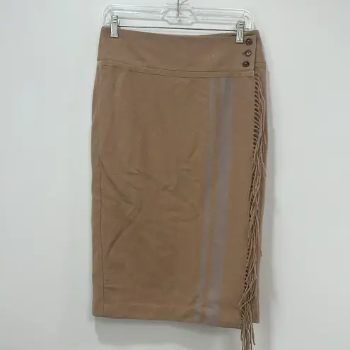 J. McLaughlin Womens Ines Skirt 6 Wool Tan Pencil Wrap Fringe Lined Knee Modest
