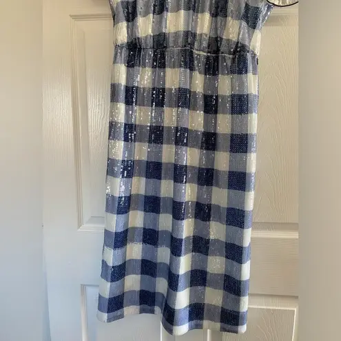 J.Crew NWT  Short-Sleeve Sequin Dress In Gingham Women Blue/White Midi Size 10