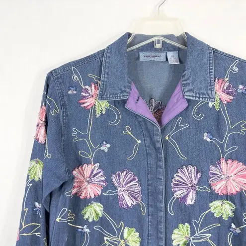 Jane Ashley Medium Petite Top Shacket Beaded Denim Blue Embroidered Button 1480