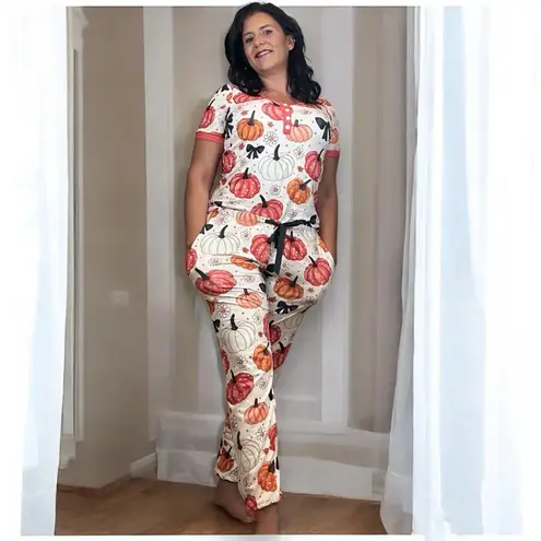 Shirley & Stone Pumpkin Pajama Set Loungewear V Neck Top and Pants Fall Women White Size 2X