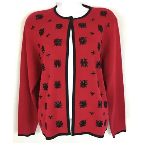 Pendleton Women Vtg 2 pc. Holiday Sweater Set Sz.Med. Red Beaded with black Trim - Image 2