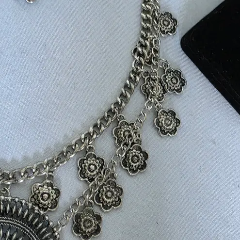 Boutique Boho Silver Tone Long Necklace with Flower Charms Medallion Fringe Earrings Set